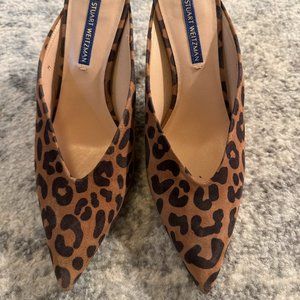 Stuart Weitzman Lulah Mid-Heel Suede Mules Leopard Print Size 8